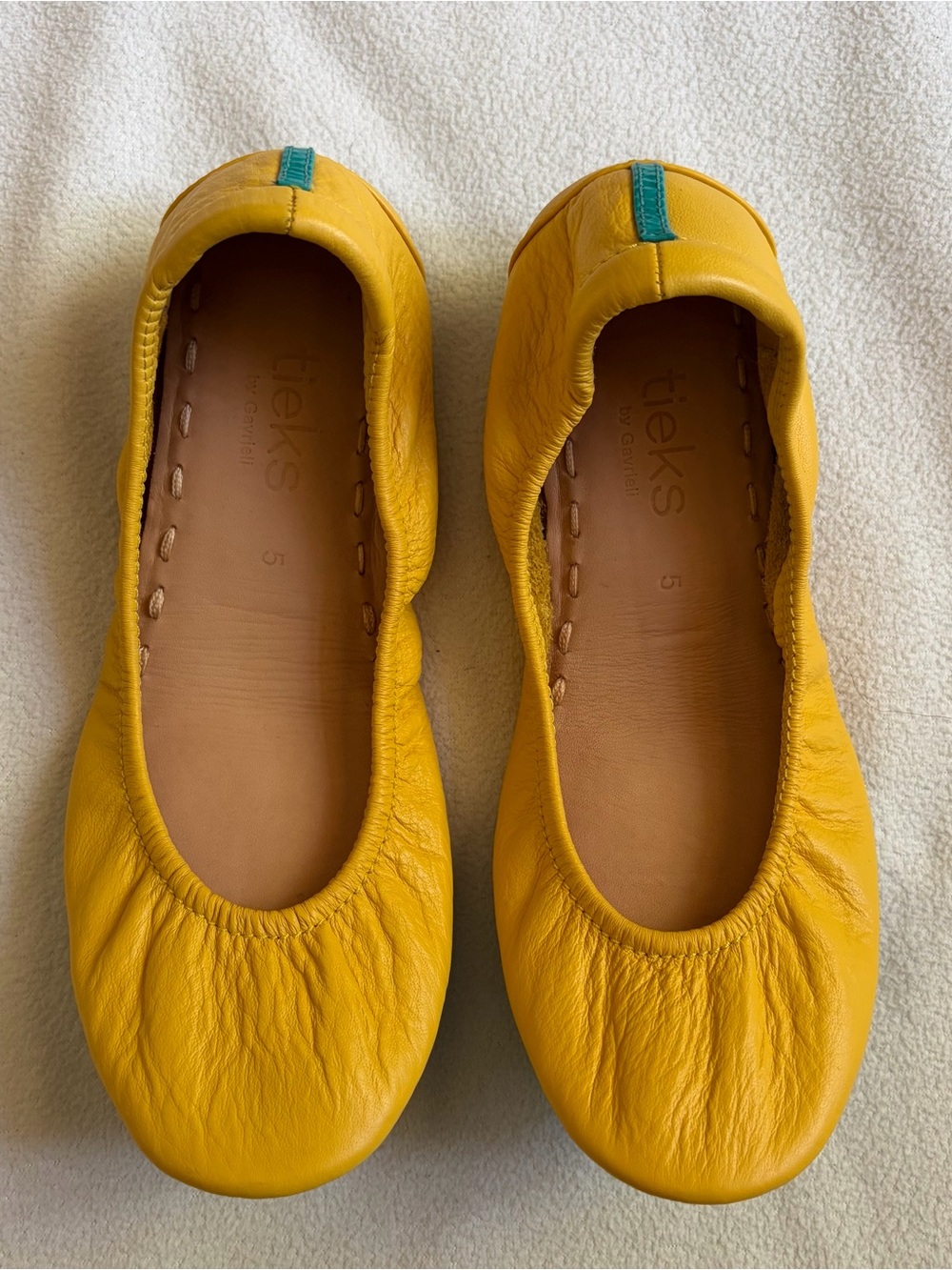 Tieks Yellow Leather Ballet Flats with Teal Heel Tab